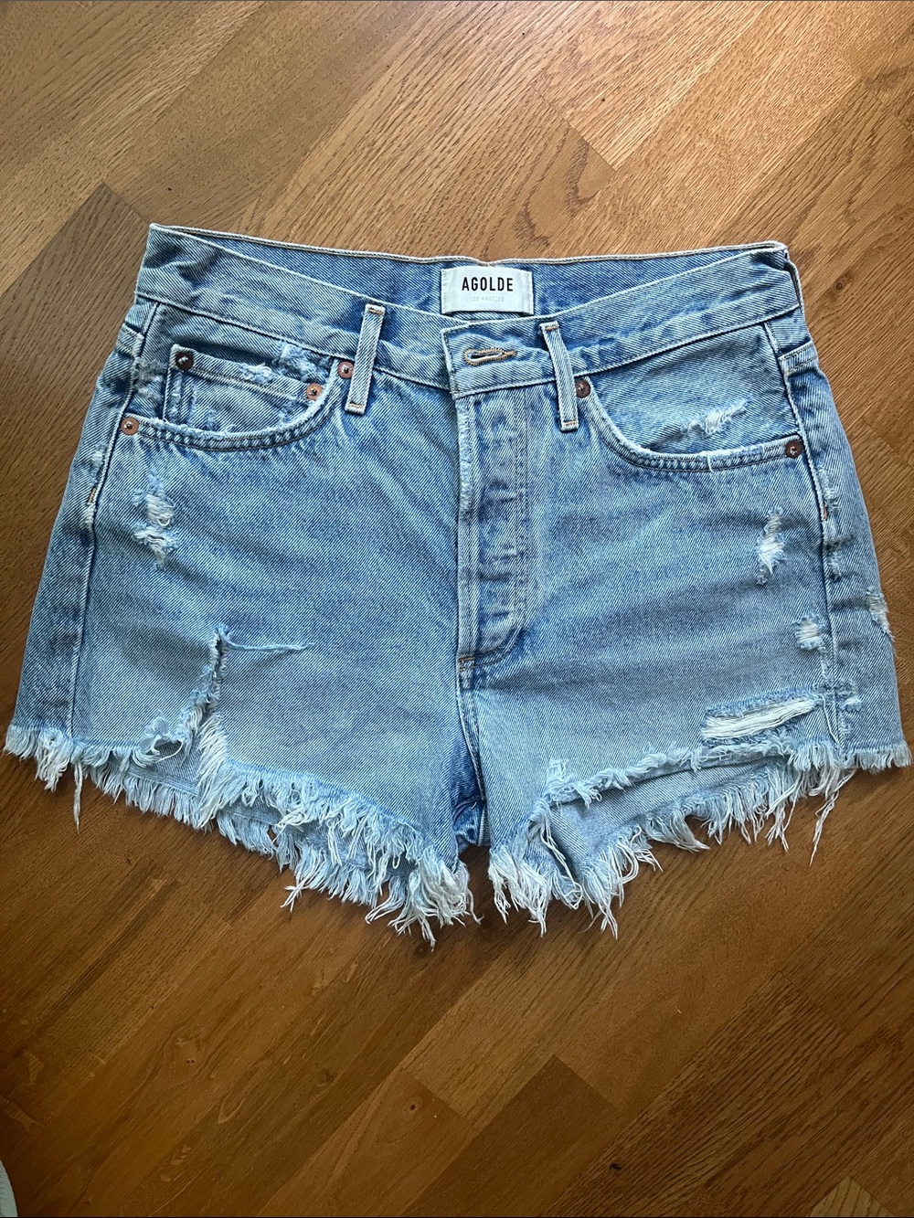 Agolde Light Wash High-Rise Distressed Denim Shorts